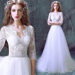 A-Line Luxurious Lace Sexy Deep V-neck Long-sleeved Wedding Dress 2016 New – Wedding Dresses
