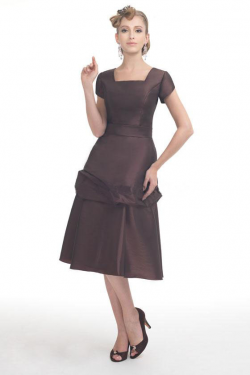 US$147.99 2015 Square Buttons Knee Length Brown Short Sleeves Taffeta