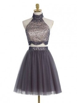 A-line High Neck Two Piece Tulle Beading Full Back Short/Mini Prom Dresses in UK