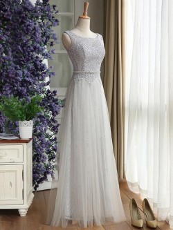 Latest Scoop Neck Lace Tulle Floor-length Ruffles Bridesmaid Dress in UK