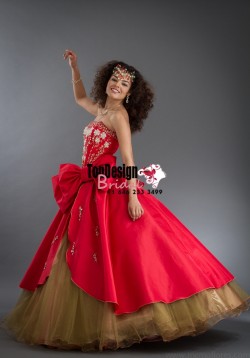 2017 New Beaded Bowknot Sweet 15 Ball Gown Red and Gold Satin Organza Prom Dress Gown Vestidos D ...