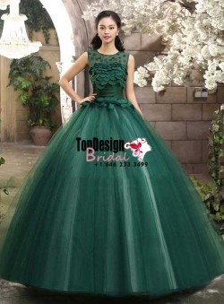 2017 New Sweet 15 Ball Gown Dark Green Satin Tulle Prom Dress Gown Vestidos De 15 Anos