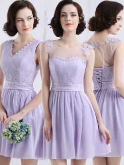 Scoop Neck Lavender Chiffon Tulle Appliques Lace Short/Mini Bridesmaid Dress in UK