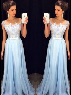 Shop Affordable Scoop Neck Blue Chiffon Tulle Appliques Lace Floor-length Ball Dresses in New Ze ...