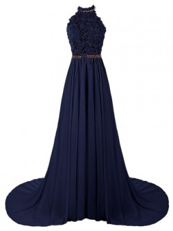 Shop A-line Halter Dark Navy Tulle Chiffon Beading Sweep Train Backless Perfect Ball Dresses in  ...