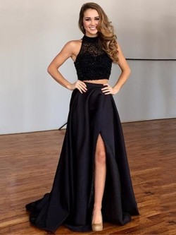 Shop A-line High Neck Black Satin Tulle Sweep Train Split Front Two Piece Ball Dresses in New Ze ...
