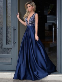 Shop Amazing A-line V-neck Royal Blue Satin Beading Sweep Train Backless Ball Dresses in New Zealand