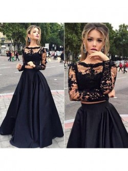 Shop Black Long Sleeve Tulle Elastic Woven Satin Appliques Lace Elegant Two Piece Ball Dress in  ...