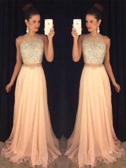 Shop Exclusive A-line Scoop Neck Chiffon Tulle with Beading Sweep Train Ball Dresses in New Zealand