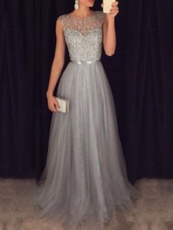 Shop Fashion A-line Scoop Neck Tulle with Beading Floor-length Long Ball Dresses in New Zealand