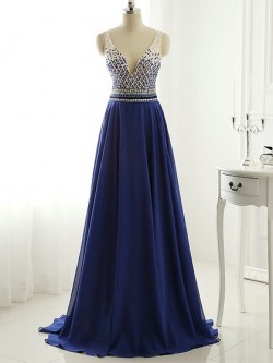 Shop Fashion Royal Blue A-line V-neck Chiffon with Beading Sweep Train Open Back Ball Dresses in ...