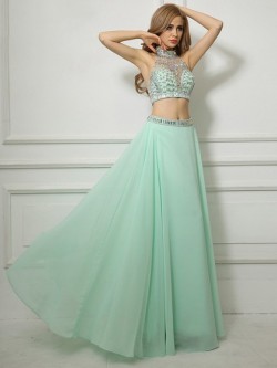 Shop High Neck Backless Chiffon Tulle Floor-length Beading Two Pieces Ball Dresses in New Zealand