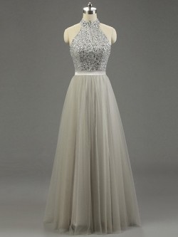 Shop High Neck Gray Tulle Floor-length Beading Fashion Ball Dresses in New Zealand