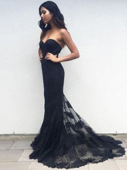 Shop Latest Trumpet/Mermaid Sweetheart Tulle with Appliques Lace Sweep Train Black Ball Dresses  ...
