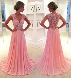 Shop Nicest Sweep Train Appliques Lace Pink Chiffon V-neck Ball Dresses in New Zealand