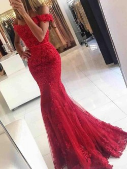 Shop Off-the-shoulder Tulle with Appliques Lace Floor-length Newest Trumpet/Mermaid Ball Dresses ...