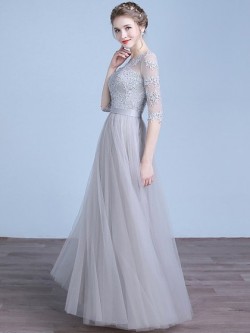 Shop Online A-line Scoop Neck Tulle Appliques Lace Floor-length 1/2 Sleeve Ball Dresses in New Z ...