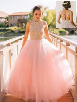 Shop Pink Scoop Neck Tulle Floor-length with Beading Glamorous Princess Ball Dresses in New Zealand