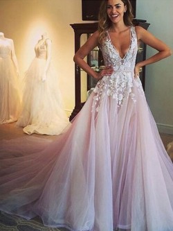 Shop Princess V-neck Tulle with Appliques Lace Court Train Open Back Amazing Ball Dresses in New ...