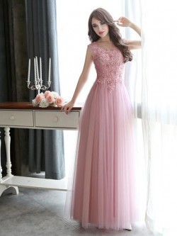 Shop Scoop Neck Floor-length Pink Tulle Appliques Lace Online Ball Dresses in New Zealand