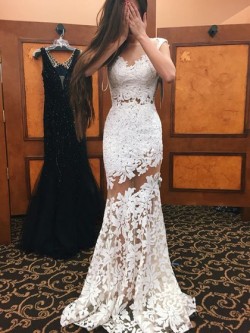 Shop Scoop Neck Ivory Tulle Appliques Lace Sweep Train Trumpet/Mermaid Open Back Newest Ball Dre ...