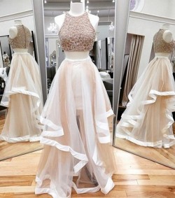 Shop Two Piece A-line Scoop Neck Tulle Beading Floor-length 2016 Ball Dresses in New Zealand