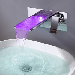 Bathroom Sink Faucet with Color Changing LED Waterfall Faucet (Wall Mount) At FaucetsDeal.com