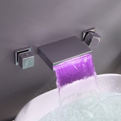 Contemporary Widespread Wall Mount Waterfall 3 Colors LED Bathroom Sink Faucet At FaucetsDeal.com