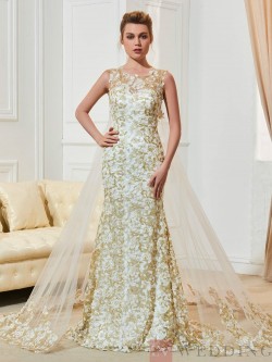 Sheath/Column Finished Fabric Floor-Length Watteau Wedding Dress With Sleeveless – EvWeddi ...