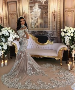 2017 High-Neck Lace Long-Sleeve Mermaid Luxury Silver Wedding Dresses_Trumpet/ Mermaid Wedding D ...