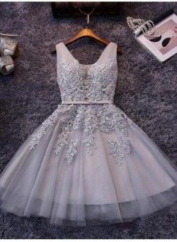 Puffy Short Elegant V-Neck Appliques Silver Lace Homecoming Dresses_Homecoming Dresses_Special O ...