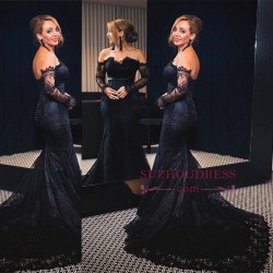 Black Lace Off-the-Shoulder Prom Dresses 2018 Mermaid Long Sleeves Evening Gowns with Buttons_Ev ...
