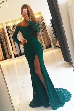 Elegant Side-Slit Off-the-Shoulder Green Long-Sleeves Lace Prom Dresses_Prom Dresses_Special Occ ...