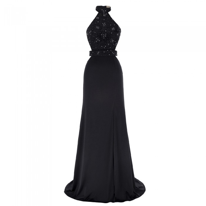 Fashion High Halter Neck Beaded Lace Appliques Black Prom Evening Dress [ES1706] – $136.99 :