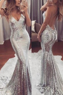 Silver Backless Mermaid Sequin Natural Sleeveless Prom Dresses – by OKDress UK