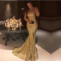 Sparkle Gold Sequins Mermaid Evening Gowns Cheap Sexy Strapless Prom Dresses 2018_Evening Dresse ...