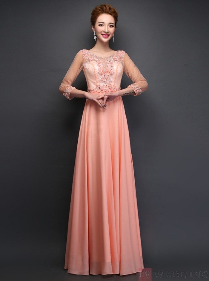 A-Line Scoop Floor-Length Chiffon 3&4 Sleeves Pink Prom Dress With Beading