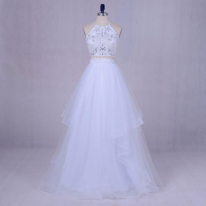 Fashion Two Piece White Beading Top Halter Neck Tulle Long Graduation Prom Dress [PS1716] – ...