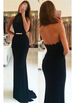 Halter Black Lace Formal Dress Cheap 2018 Sheath Open Back Prom Dress with Gold Bowknot BA7285_P ...