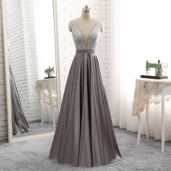 2018 Long Deep V Neck Sheer Insert Beaded Bodice Grey Stain Evening Prom Dress [PS1719] –  ...