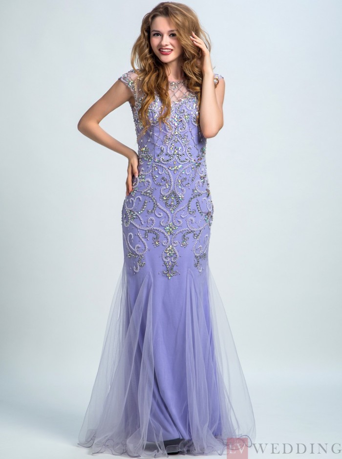 Mermaid&Trumpet Scoop Floor-Length Tulle Sleeveless Lilac Beaded Prom&Evening Dress