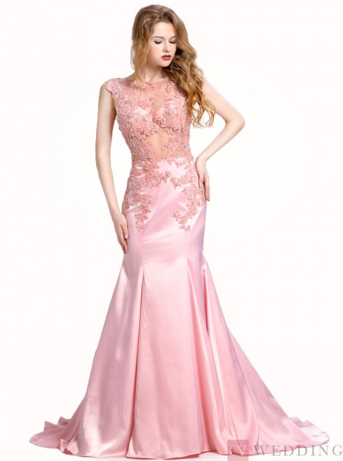 Mermaid&Trumpet Scoop Sweep Train Satin Sleeveless Pink Prom&Evening Dress With Appliques