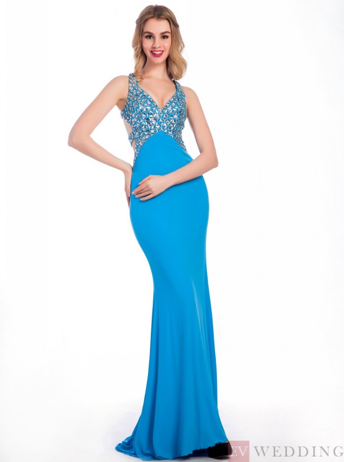 Mermaid&Trumpet V-Neck Sweep Train Blue Criss-Cross Straps Prom&Evening Dress With Crystal