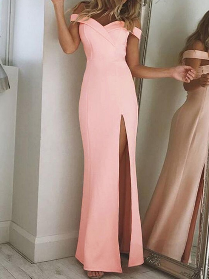 Pink Sheath Off-The-Shoulder Prom Dresses 2018 Simple Side Slit Evening Dresses_Prom Dresses_201 ...