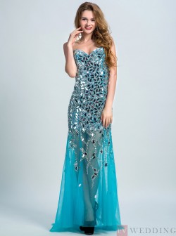 Sexy Mermaid&Trumpet Sweetheart Sweep Train Tulle Blue Lace-Up Beaded Prom&Evening Dress