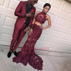 Burgundy Two Pieces Tulle Appliques Prom Dresses 2018 Mermaid Sleeveless Evening Dresses_Prom Dr ...