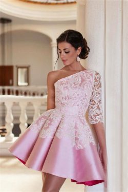 One Shoulder Half Sleeve Mini Homecoming Dress A-Line Pink Lace 2018 Cocktail Gowns_Homecoming/S ...