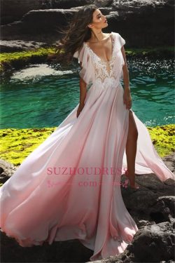 Pink V-Neck Sleeveless Evening Dresses 2018 | Side Slit Chiffon Party Dress
