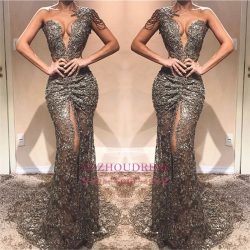 Sexy One Shoulder Front Slit Cheap Prom Dresses | See Through Beads Appliques 2018 Evening Gowns