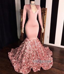 Elegant Long Sleeve Pink Prom Dresses | 2019 Mermaid Flowers Bottom Evening Gowns_Prom Dresses_S ...